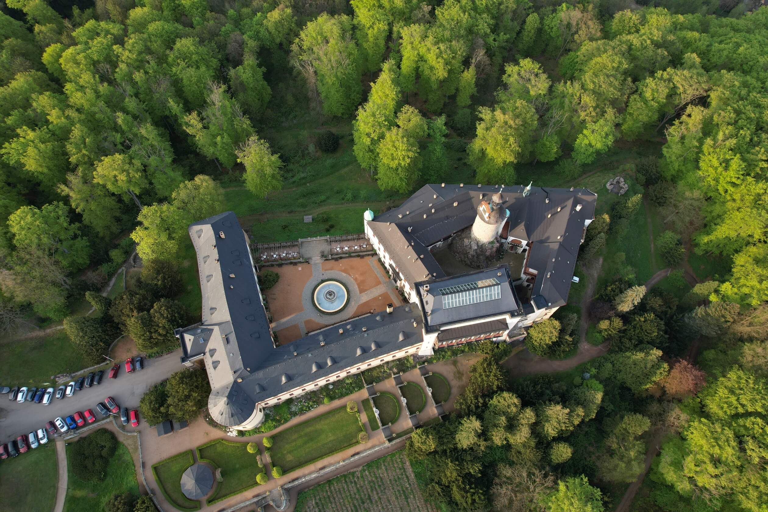 drone shot above zbiroh castle