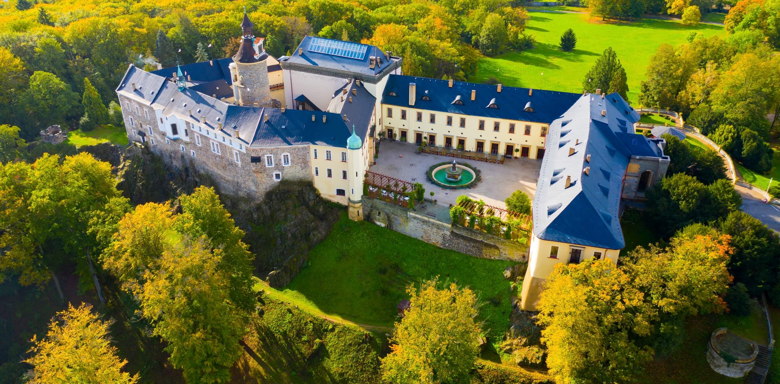 drone shot full view zbiroh castle