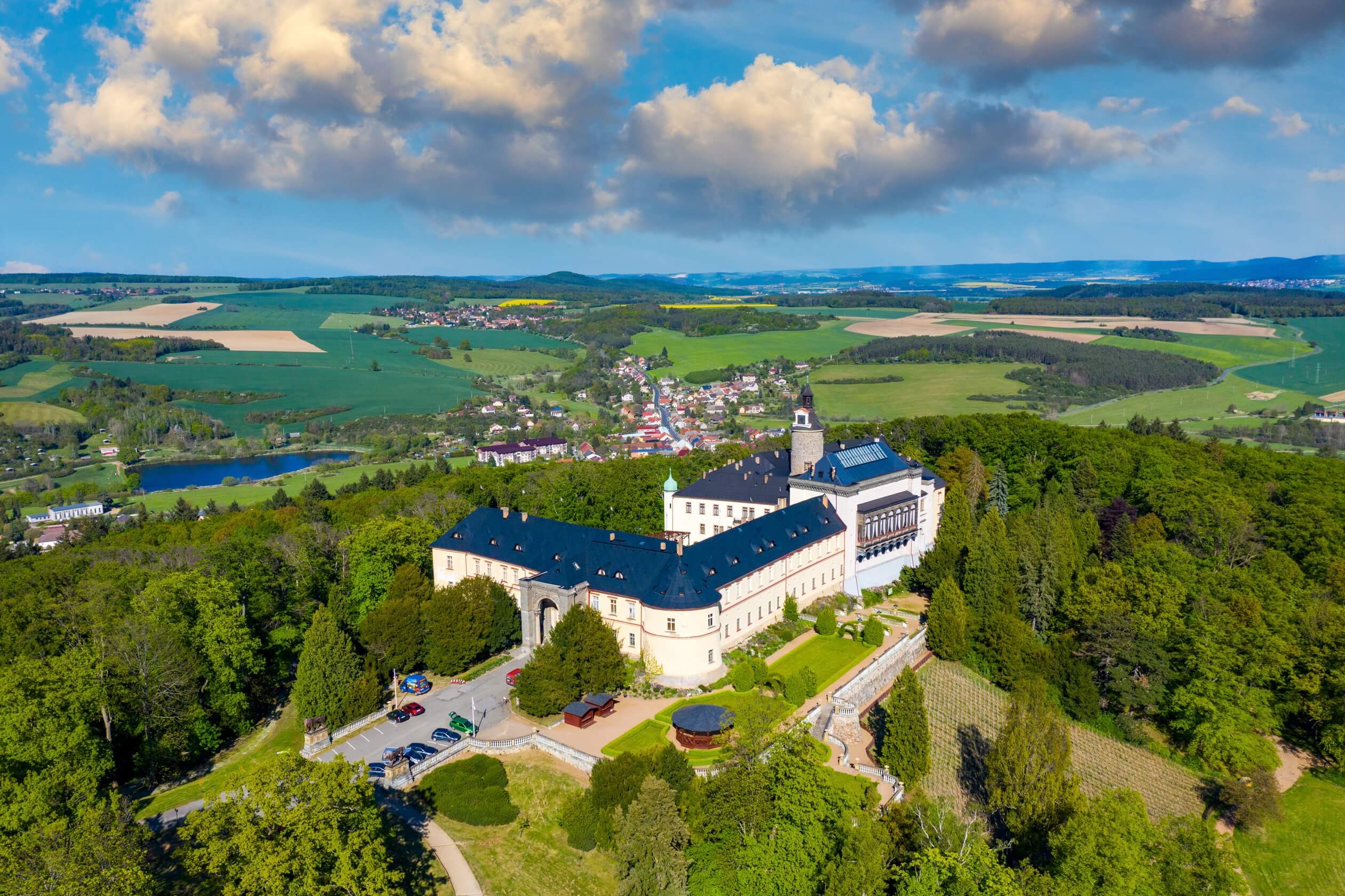 drone shot sunny day zbiroh castle