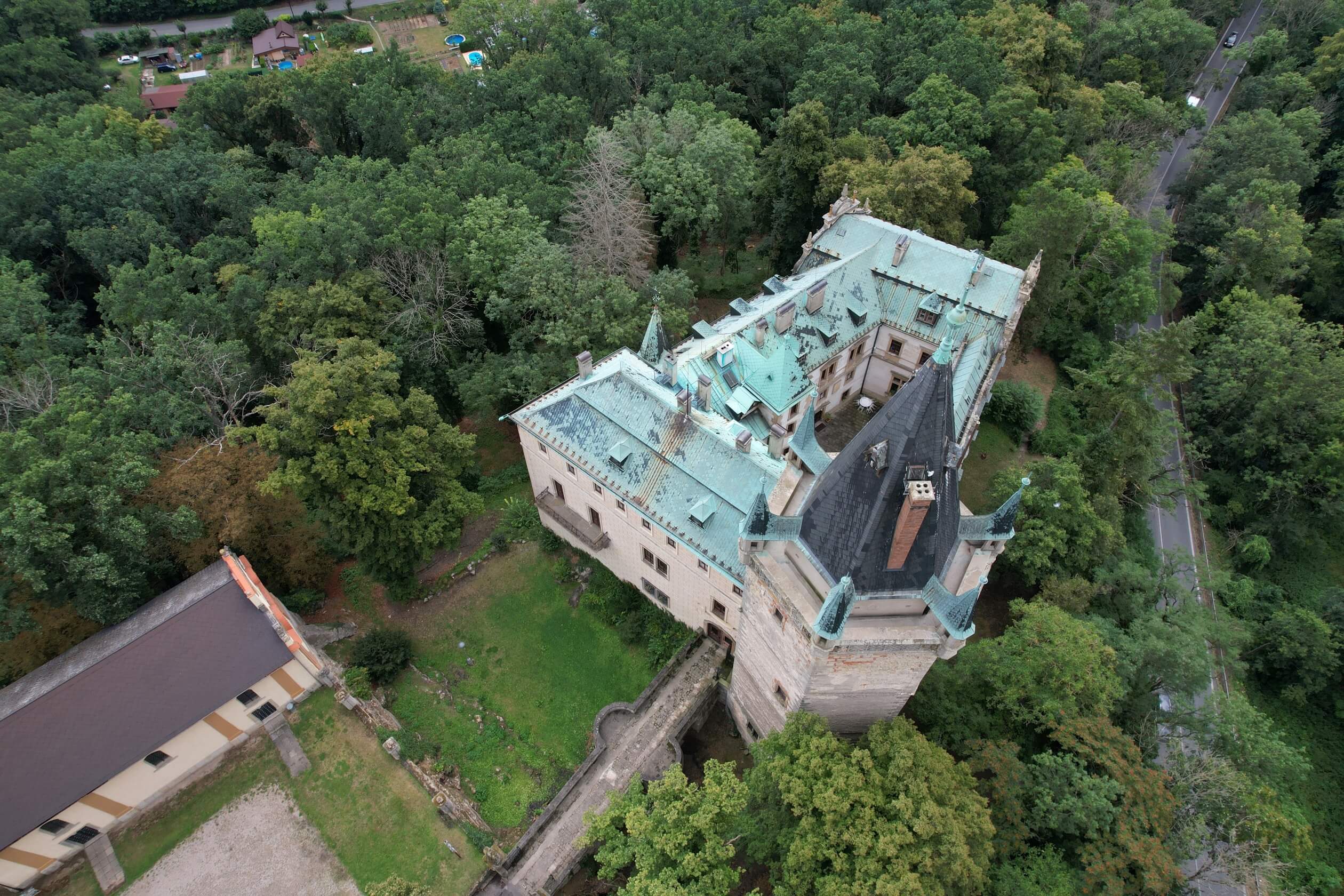 stranov castle czechia drone above bridge