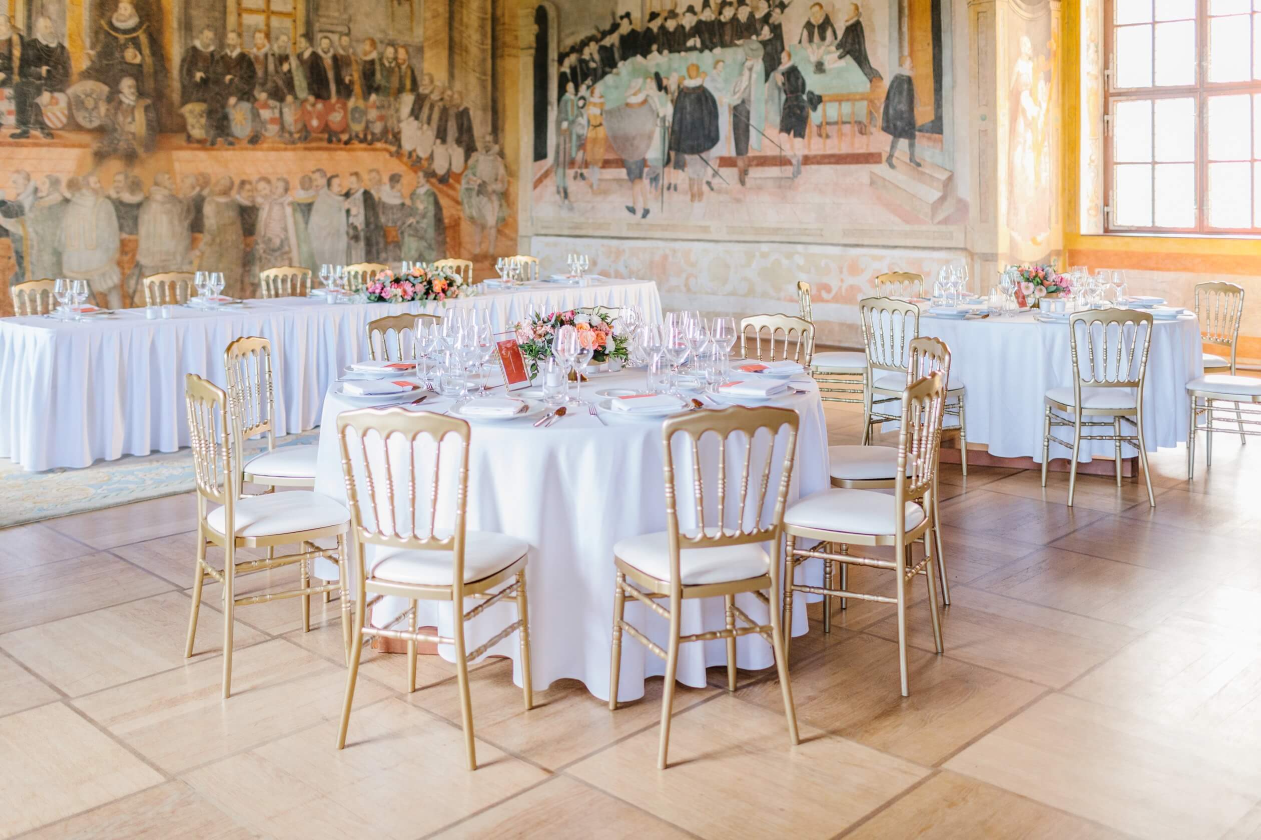 wedding party tables and flowers