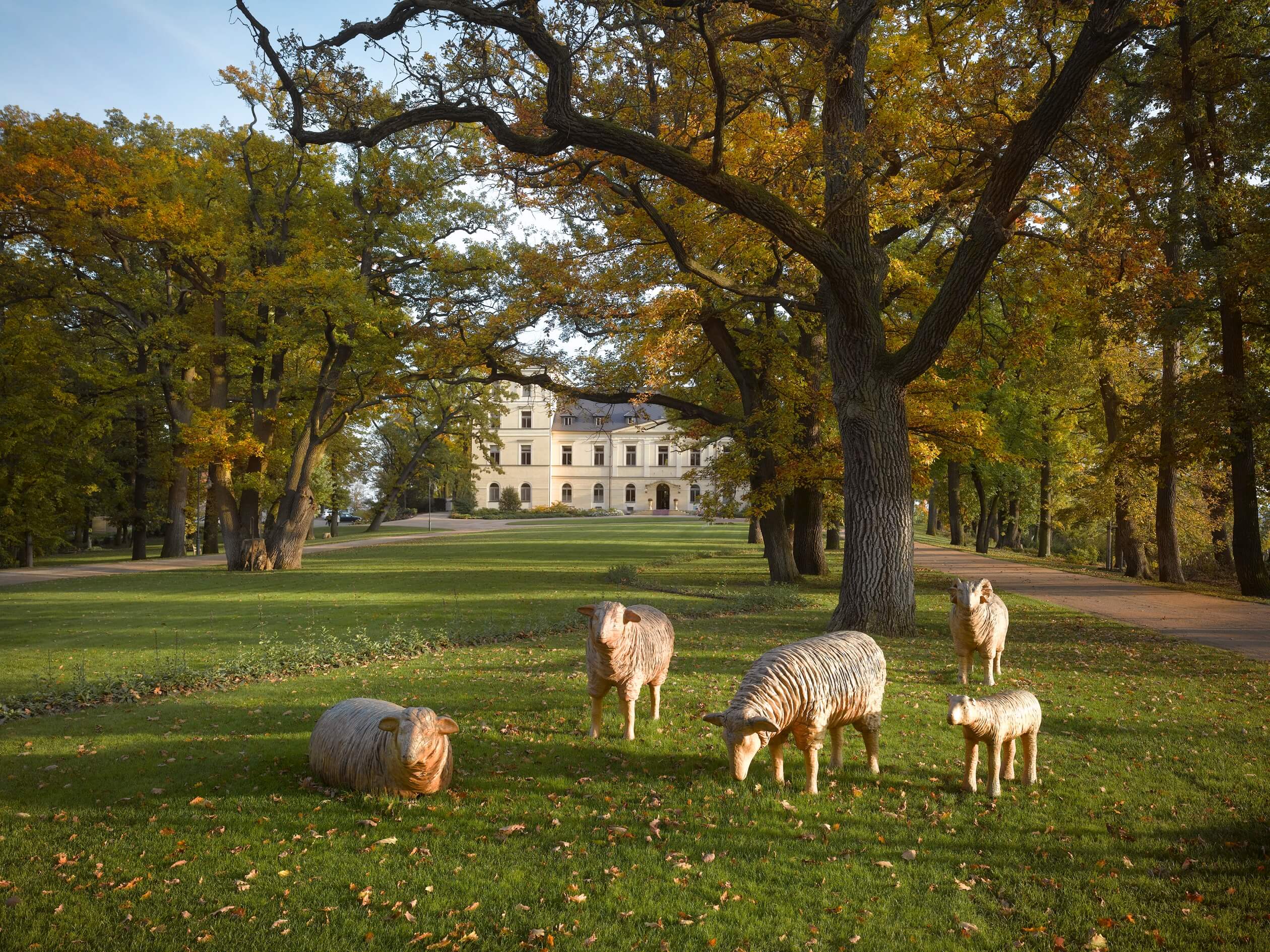 wooden sheep statues in park of chateau mcely